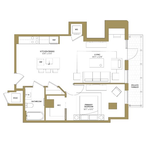 A floor plan of a house with a living room, dining room, kitchen, bathroom, and bedrooms.